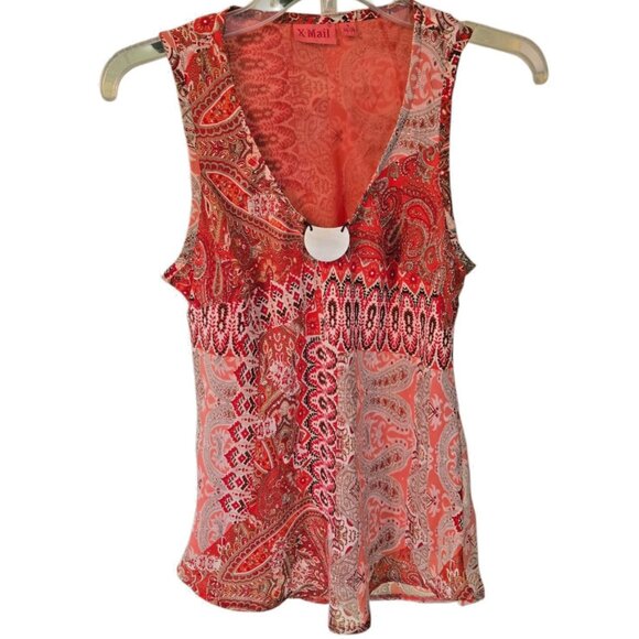 X-Mail Red Paisley Sleeveless Blouse Women's Small Layered Tunic Tank Top - Picture 2 of 7
